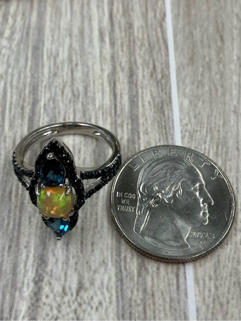 Black Rhodium Band, Opel With Blue Stones, & Black Spinel Ring, Sz 7